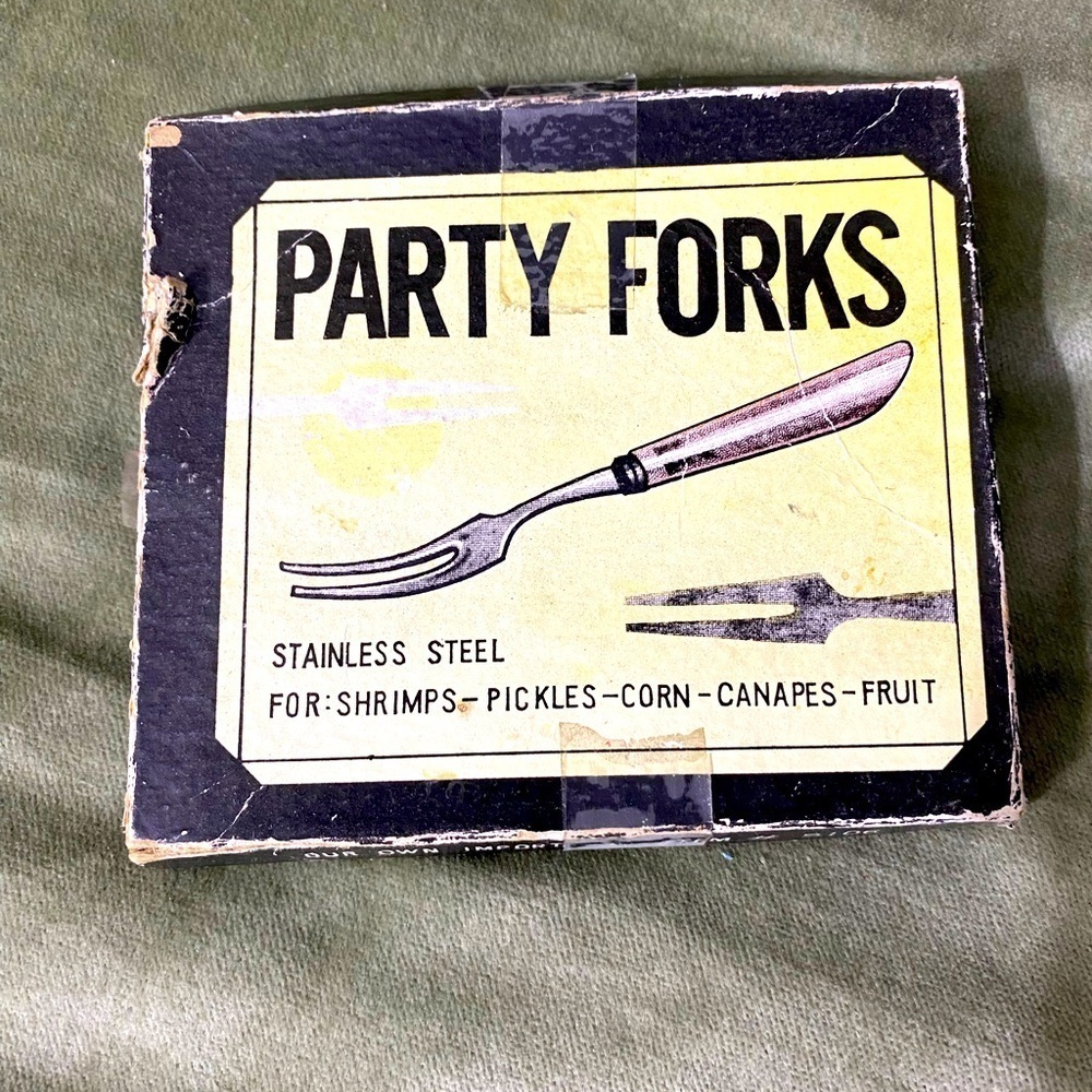 Vintage party forks stainless steel with wooden handles set of 8.  #16